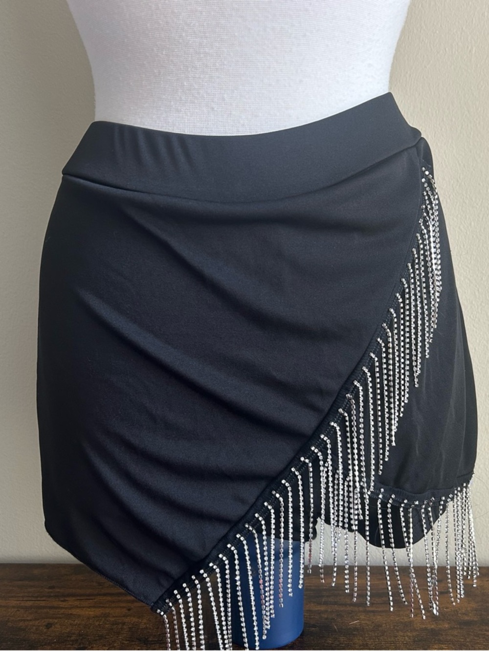 SHEIN Black Asymmetrical Mini Skirt with Rhinestone Fringe
